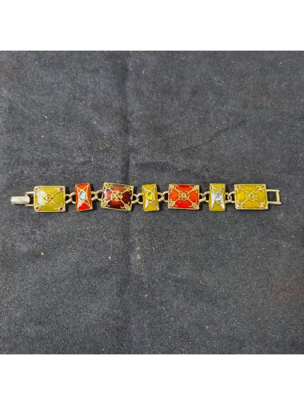 Vintage Liz Claiborn LC Enamel Rhinestone Link Bracelet Red Green Gold Tone